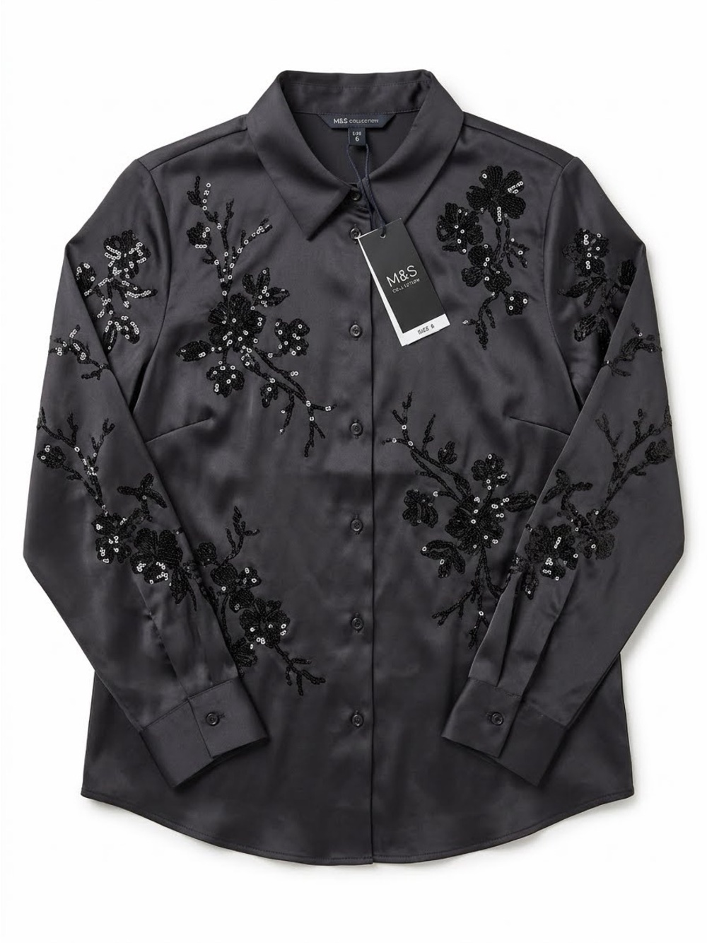 M&S Collection Black Satin Sequin Floral Button-Up Shirt